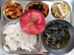 팥밥
소고기미역국
돈가스/소스
숙주나물
김치
사과