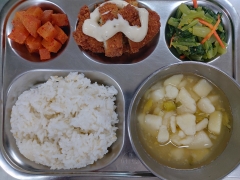 발아현미밥
맑은감잣국
생선가스
타르타르소스
열무무침
볶음깍두기