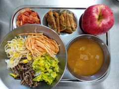 산채나물비빔밥
양념장
배추된장국
참치야채전
김치
사과