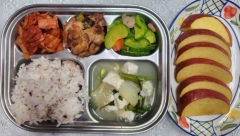 흑미밥
안매운대구탕(5.6.9.13)
간장순살찜닭(5.6.13.15.18)
호박나물(5)
김치(9)
사과